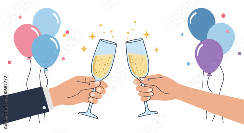Celebratory champagne toast with colorful balloons and sparkles