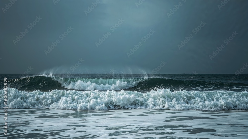 Fototapeta premium Raging sea with towering waves smashing against the beach