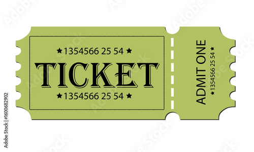 Green blank ticket mockup on white background. Simple isolated template for concert, cinema, event, coupon, raffle, or boarding pass. Clean and minimal for design and print.