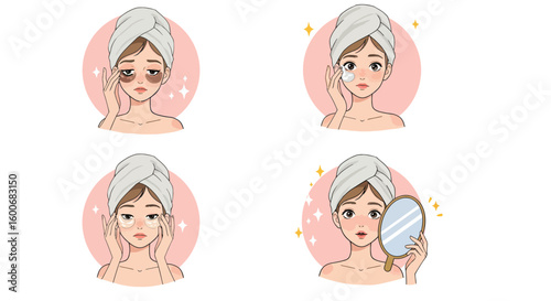 Skincare routine with towel wrapped hair and facial expressions