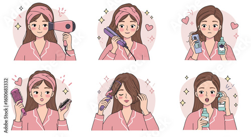 Daily hair care routine with girl and hair styling products in cute ca
