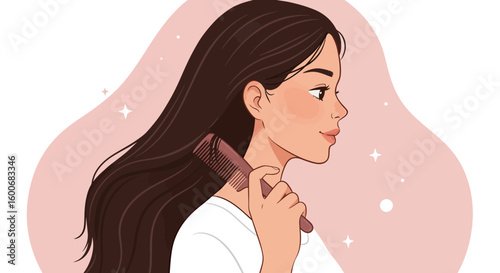 Young woman brushing hair with comb in trendy pastel minimalist style