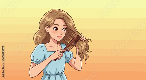 Young woman combing hair in gradient background