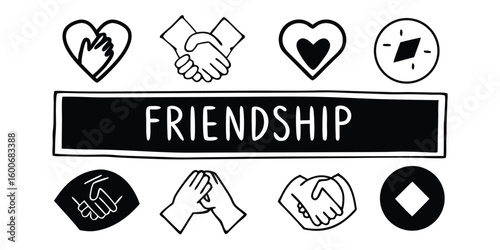 Friendship Banner with Hand Drawn Icons on Transparent Background banner the word Friendship and hand drawn