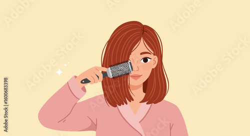 Young woman combing hair with brush in minimalist elegant design