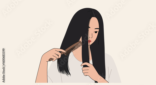 Woman combing long hair in minimalist style