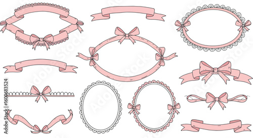 Elegant pink ribbon frames and banners set with bows and lace edges