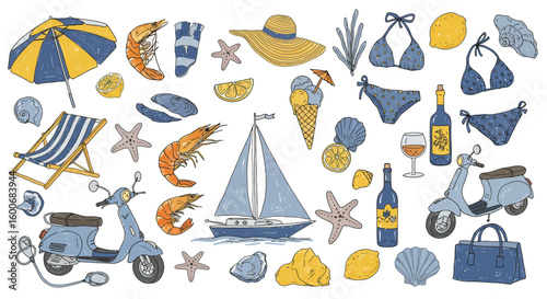 Summer beach elements with nautical and travel accessories