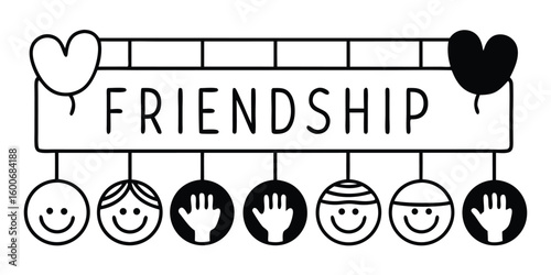 Friendship Concept with Faces and Hands Illustration in Black and White on transparent background black