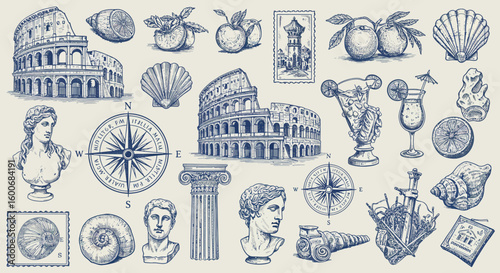 Vintage travel and nautical-themed elements with classical architectur