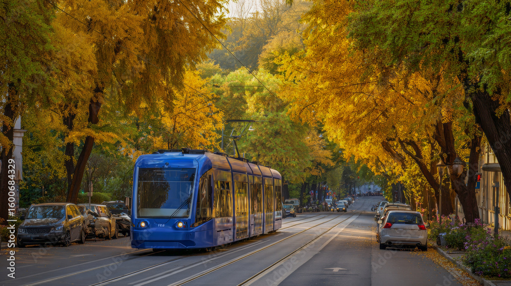 Obraz premium Blue tram travels down a tree-lined street adorned with vibrant autumn foliage, showcasing golden leaves and a serene urban atmosphere during fall season