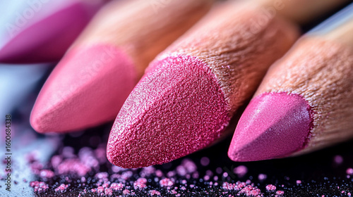 Close-up of pink colored pencils on makeup powder