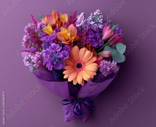 Vibrant Bouquet of Mixed Flowers in Purple Wrapping Paper