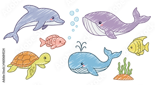 Colorful hand drawn sea creatures with whales, dolphin, and turtle