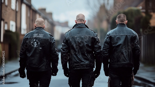 Group of criminals, skinheads, racists in black leather jackets