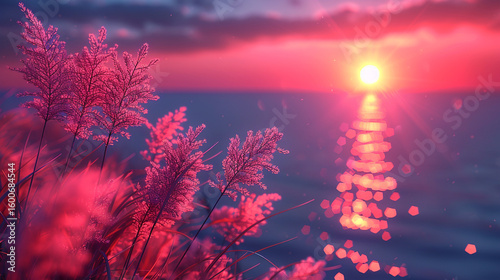 Coastal plants at sunset with ocean reflection