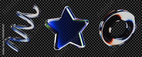 3D glass star icon with refraction and holographic effect isolated on dark background. Neon transparent glass star with overlay dispersion light, rainbow gradient. 3d vector morphism.