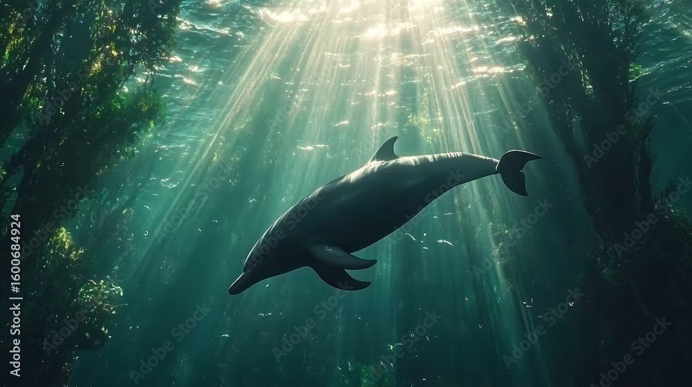 Fototapeta premium Elegant dolphin under ocean spotlight of sunlight high resolution picture
