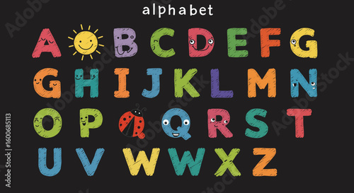 Colorful chalk style alphabet with cute faces on dark background