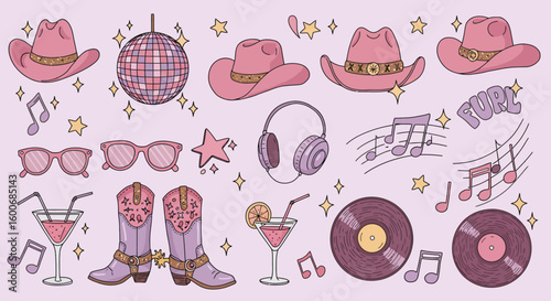 Trendy country party icons: pink cowgirl hats and music elements