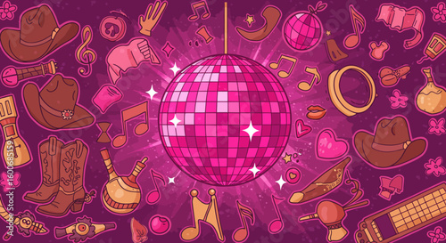 Retro disco party background with pink mirror ball and country music e