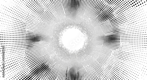 Dynamic halftone circle pattern with explosive burst effect for modern