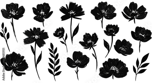 Elegant floral designs in black ink on white background for modern dec