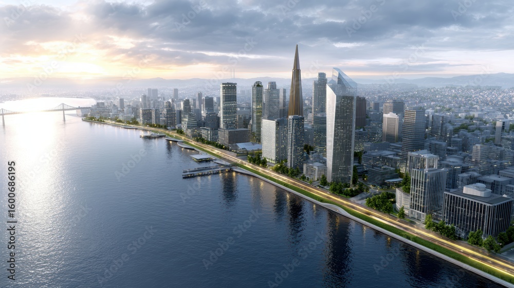 Fototapeta premium Modern city skyline with tall skyscrapers along a waterfront at sunset, reflecting on calm water under a cloudy sky.