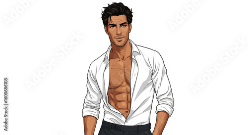 Handsome man in open white shirt with relaxed pose against white backg