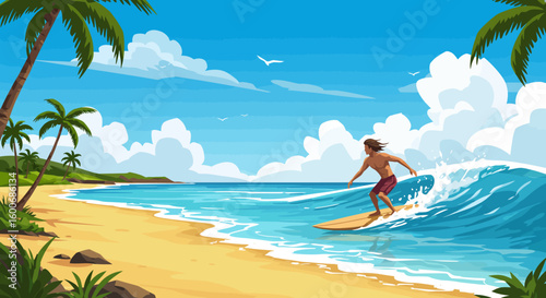 Surfer riding waves on a sunny tropical beach with palm trees and blue
