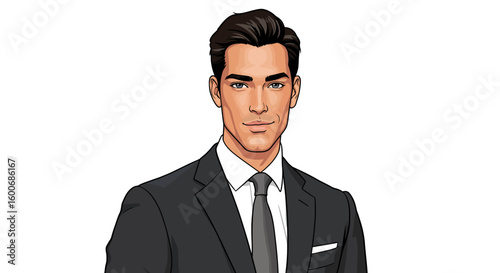 Confident young man in suit with clean line art style