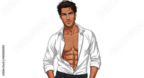 Confident man in open shirt with stylish hair and piercing gaze