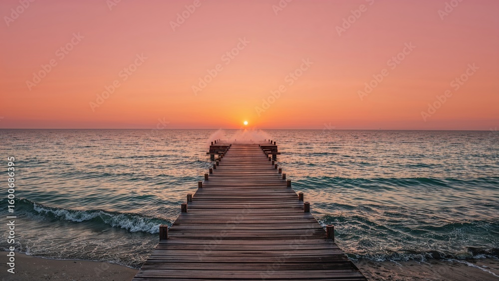 Fototapeta premium Dawn breaking above a wooden path through the wilderness
