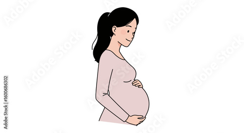 Pregnant woman profile with hand on belly in minimalist stylized art