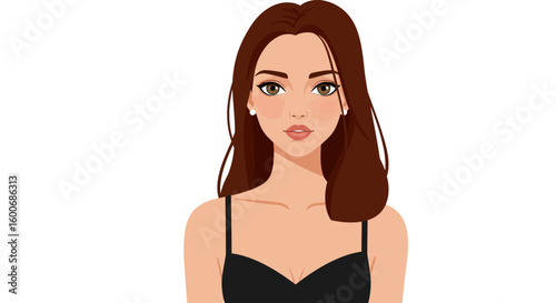 Elegant woman with brown hair in black top on white background
