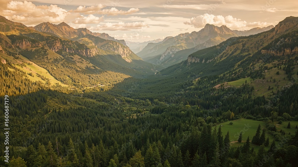 Vast mountain valley landscape with lush forests and rolling hills under a cloudy sky during summer sunset illumination Vast mountain valley landscape with lush forests and rolling hills under a cloudy sky during summer sunset illumination