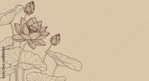 Elegant lotus flower sketch on beige background for natural design