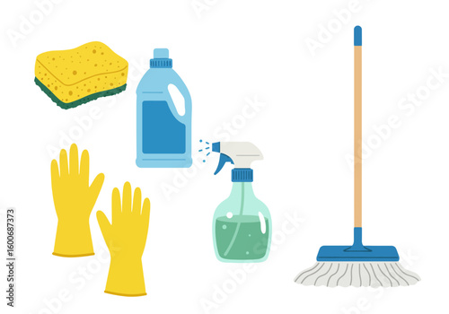 Illustration depicting cleaning supplies: sponge, gloves, spray bottle, liquid cleaner, and mop.