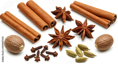 Aromatic spice collection with cinnamon, star anise, nutmeg, cloves, a