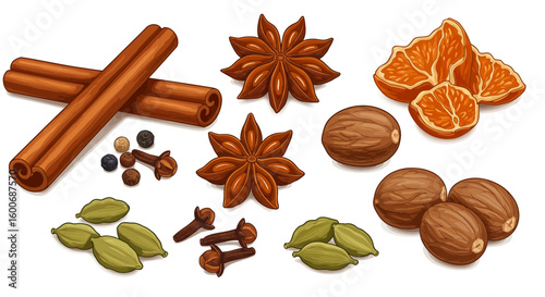 Spices and citrus: illustrated cinnamon, star anise, orange slices, nu