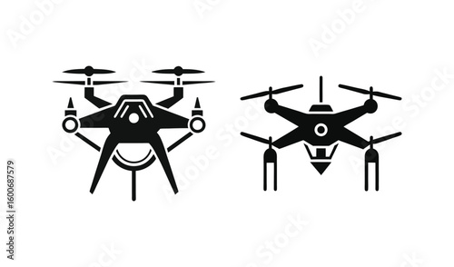 Two black silhouette drones flying side by side