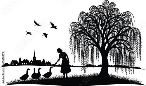 Village countryside scene, woman feeding geese under willow tree, flying birds, rural landscape silhouette, peaceful nature, lake, traditional setting