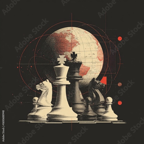 Infographic-style backdrop with globe, chess pieces for strategy, and dotted lines for global relations, with open space for custom text.
