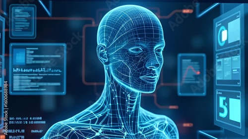 Futuristic AI Humanoid Interface: Digital Wireframe and Data Visualization