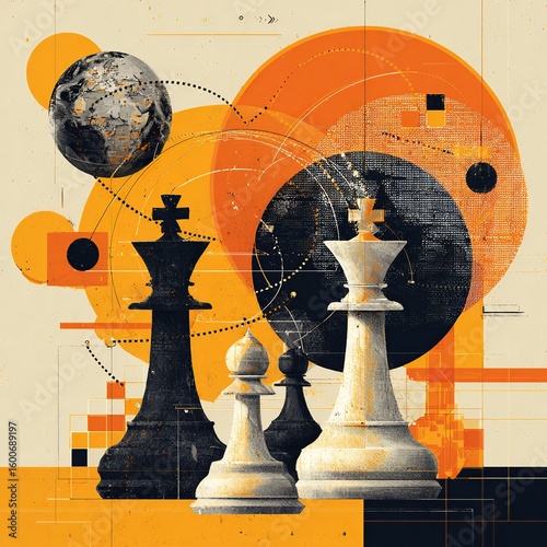Infographic-style backdrop with globe, chess pieces for strategy, and dotted lines for global relations, with open space for custom text.