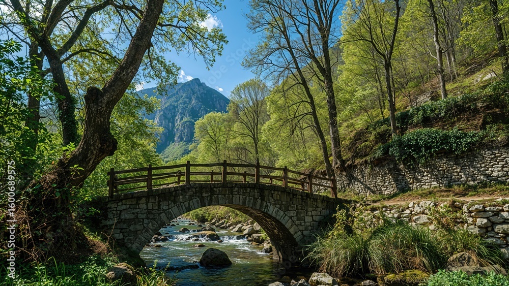 Traditional Stone Footbridge Over Water Traditional Stone Footbridge Over Water