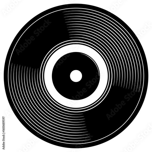 Stylized black vinyl record with grooves and center label