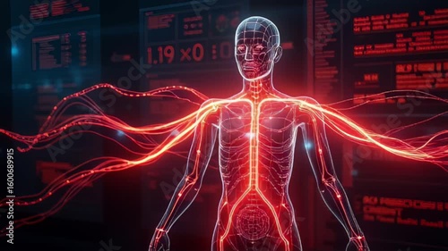 Digital Human Anatomy: Glowing Vessels & Data Streams in Futuristic Interface