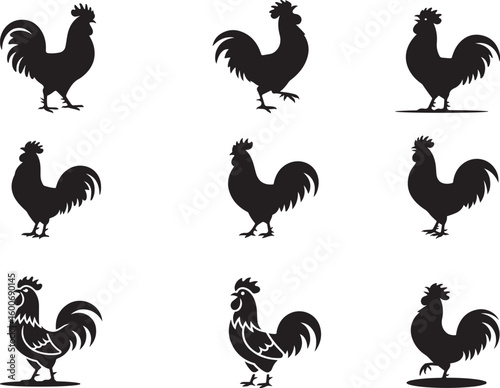 rooster called icon set , rooster crowing in the morning silhouette icon, solid black rooster vector icon, rooster illustration set,