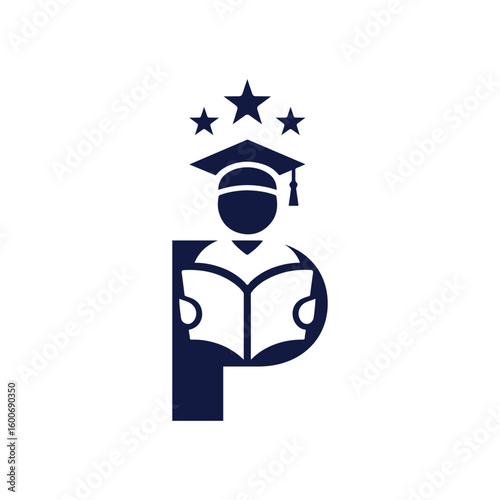 Minimalist graduation logo design featuring a student holding a book with stars and a subtle p element